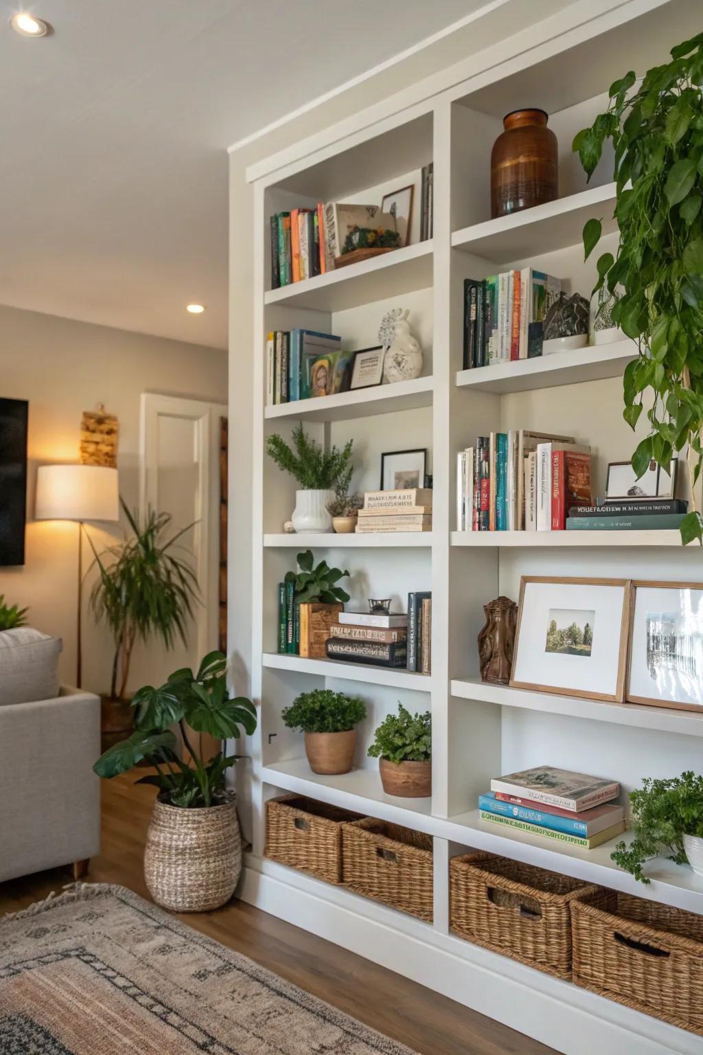 Exposed shelving extends a fashionable conduit to display cherished decorative segments.