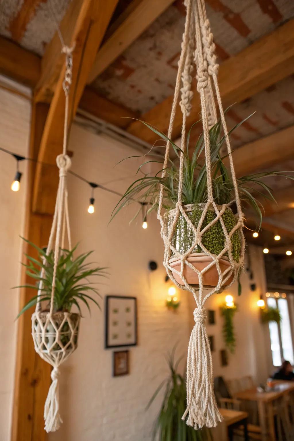 Air plants presented in macramé supports for a bohemian vibe.