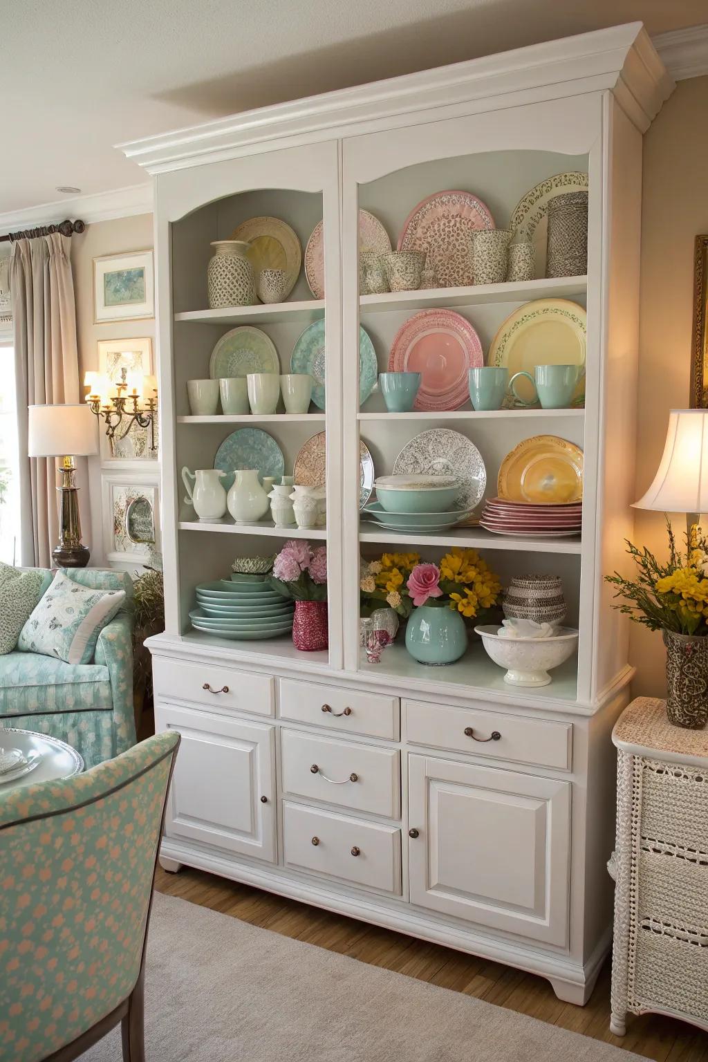 A hue-coordinated display of china that complements the room's décor.