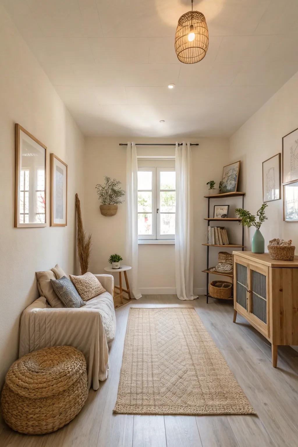 A small room that appears more expansive due to the application of light-toned walls.