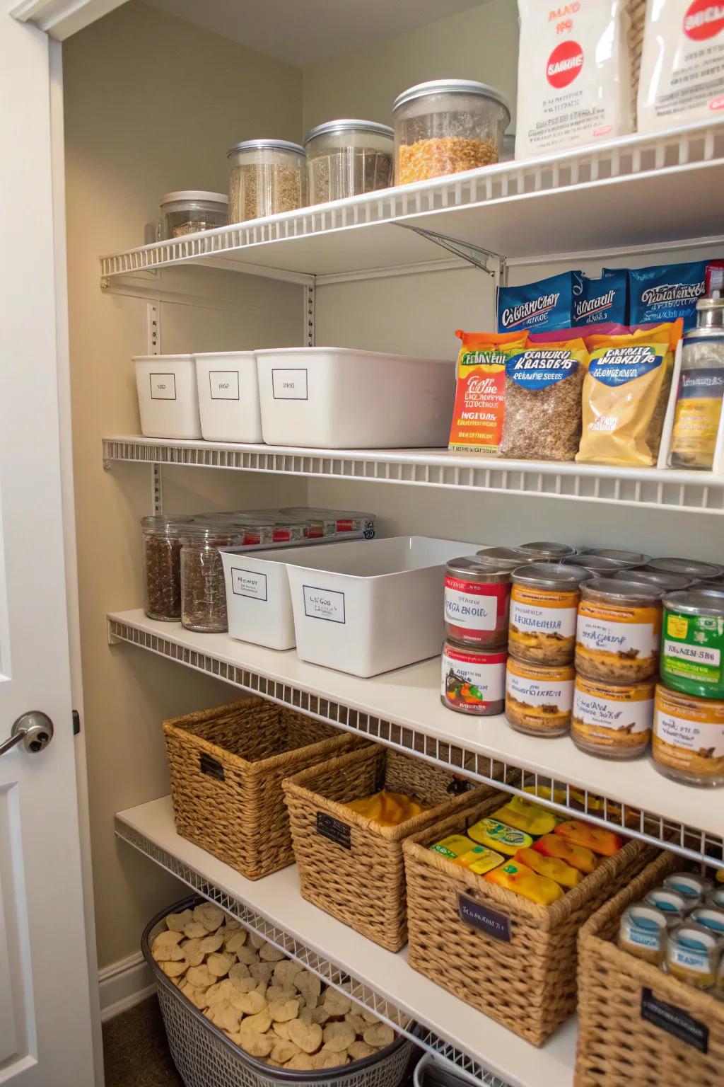Distinctly marked zones maintain organized and accessible pantry items.
