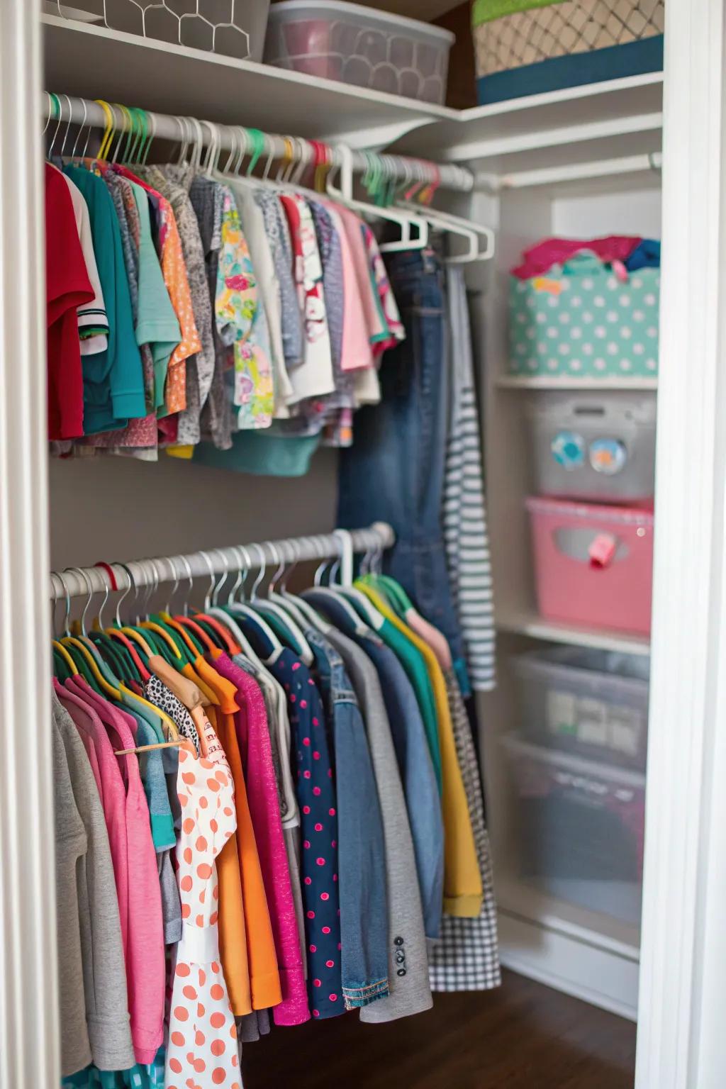Maximizing vertical space in a child's wardrobe.