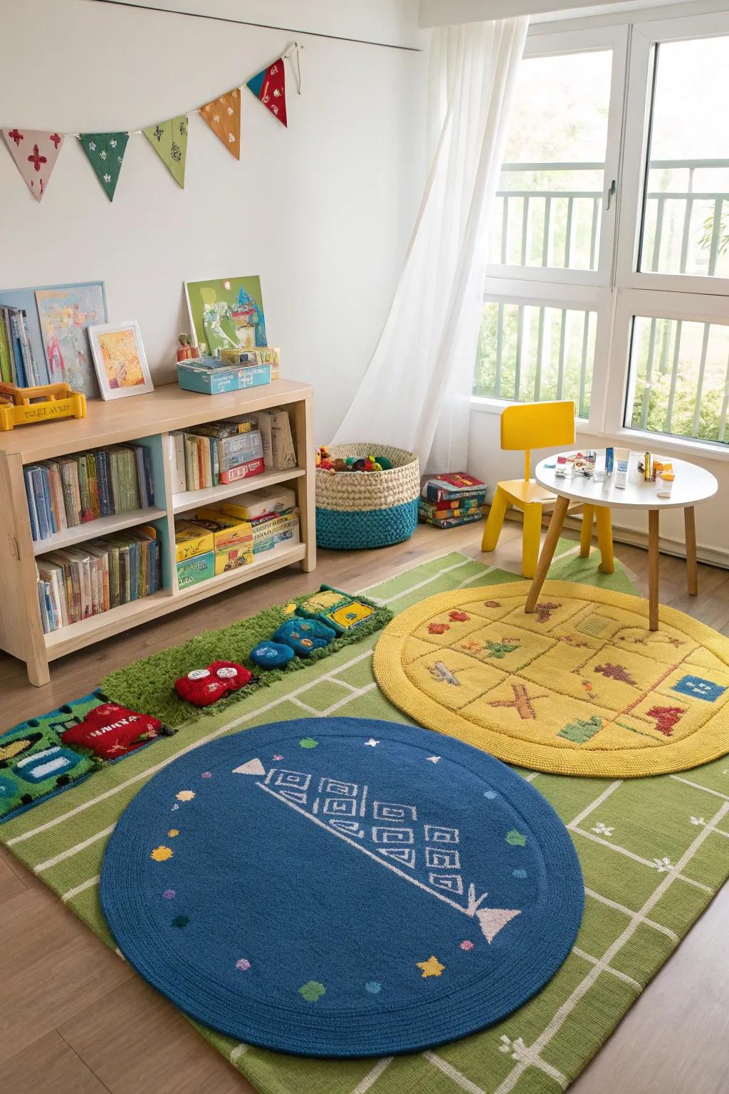 Floor coverings mark areas for varied activities in a kid's space.