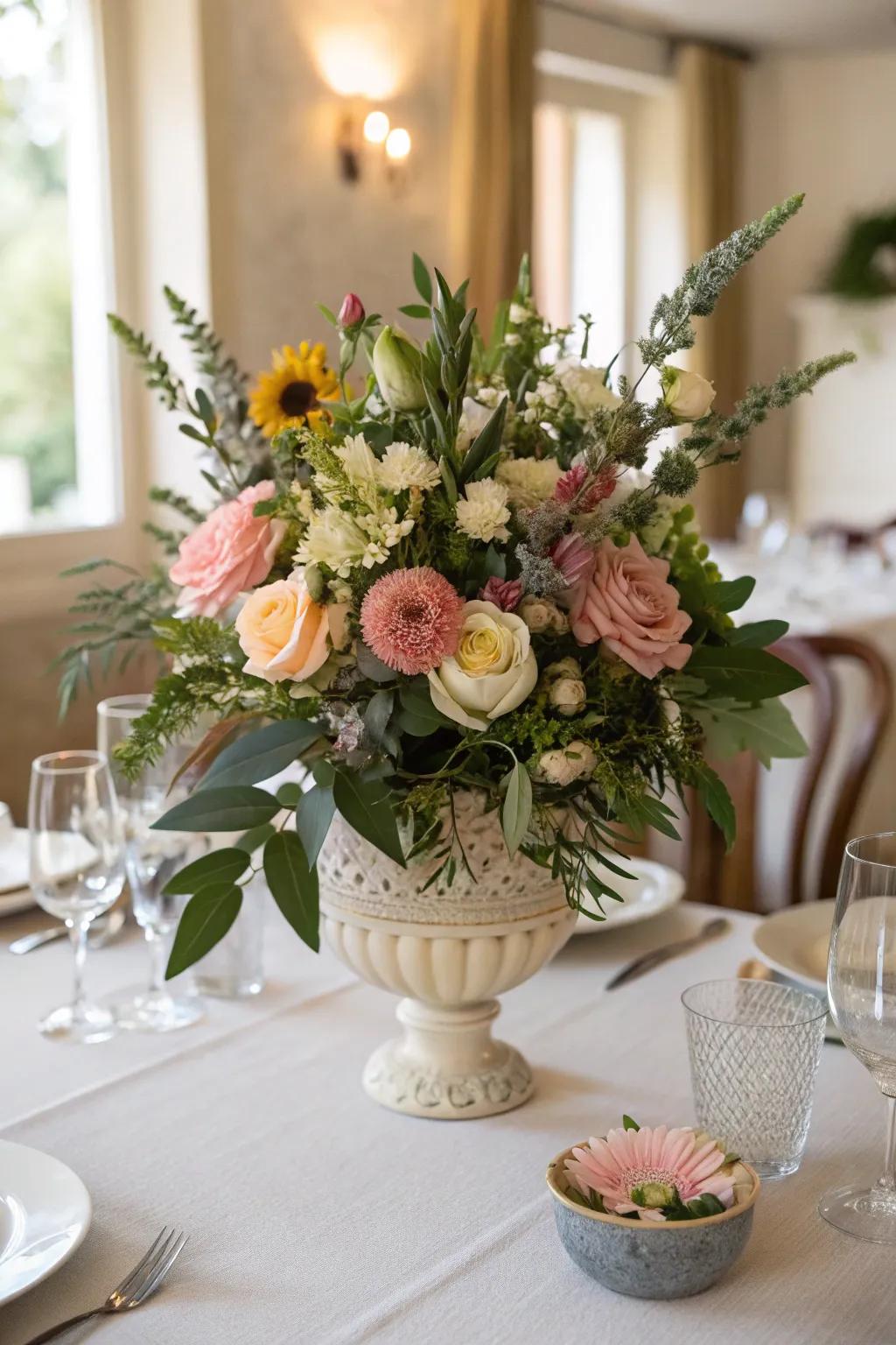 A textured arrangement featuring flowers and lush greenery.