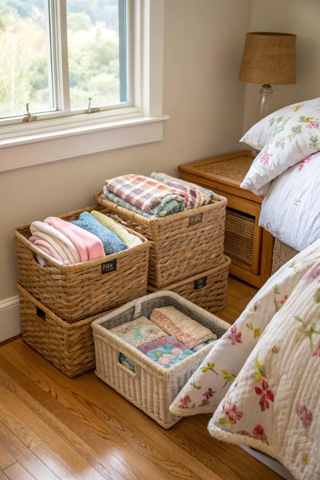Comforters arranged within woven bins in a bedroom corner.