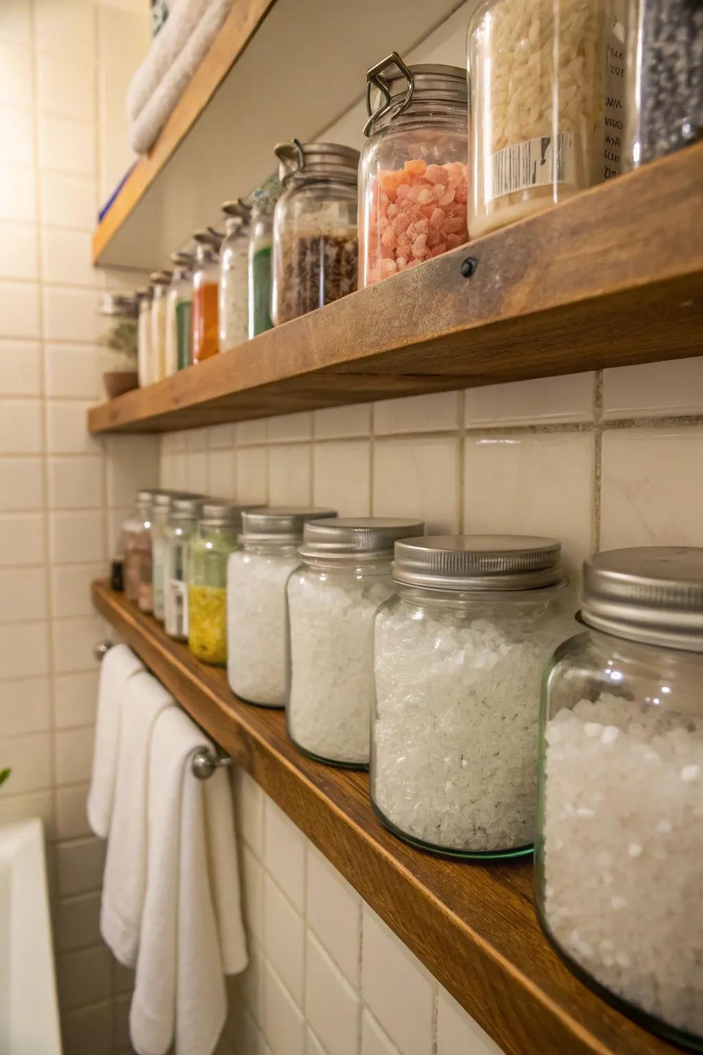 Appealing shelf display featuring assorted Revitalizing salts