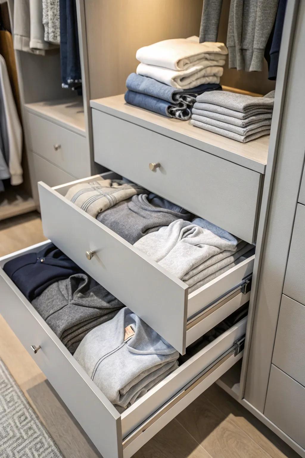 Drawers in closets provide concealed storage for quick access.