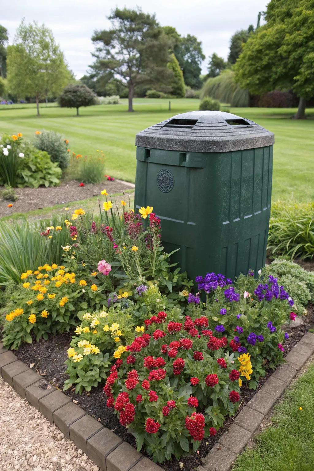 A cleverly hidden compost container elegantly incorporated into a vibrant flower bed.