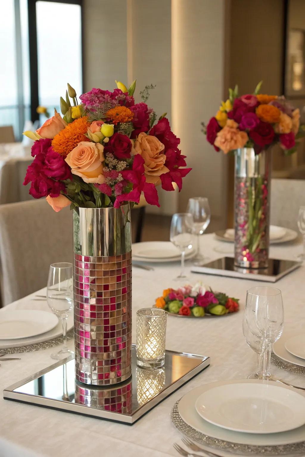 Mirrored stands beneath hurricane vases contribute an elegant impact by mirroring light.