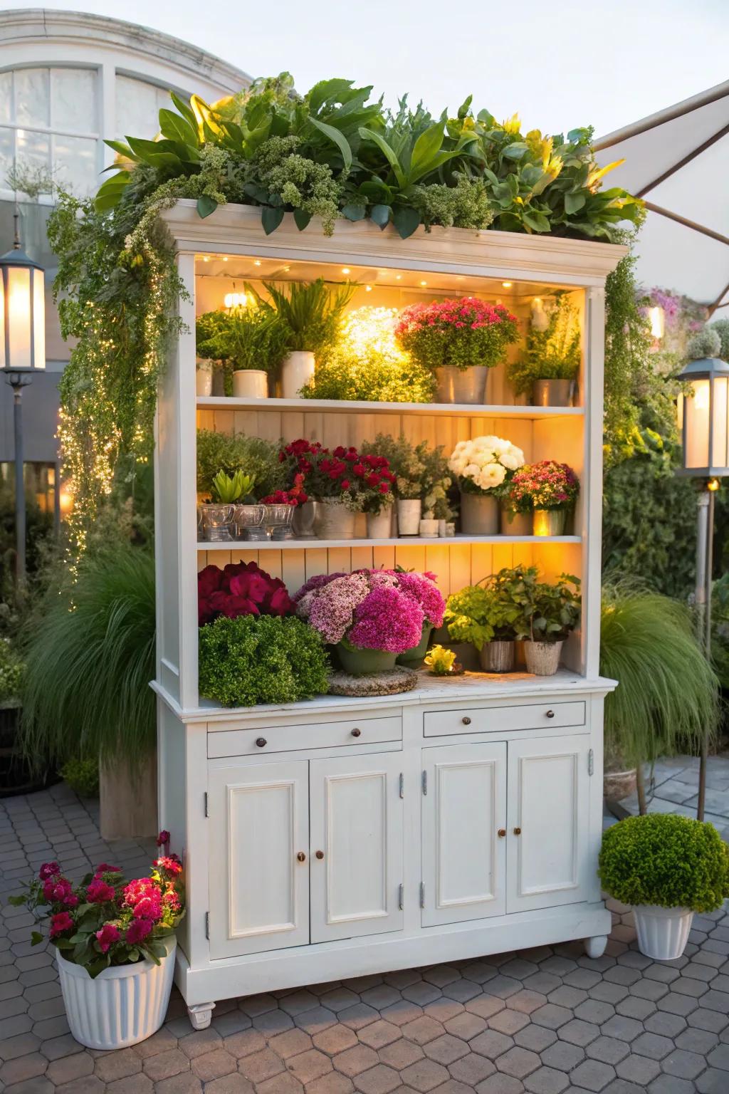 Lush greenery and flowers revitalize this sophisticated hutch.