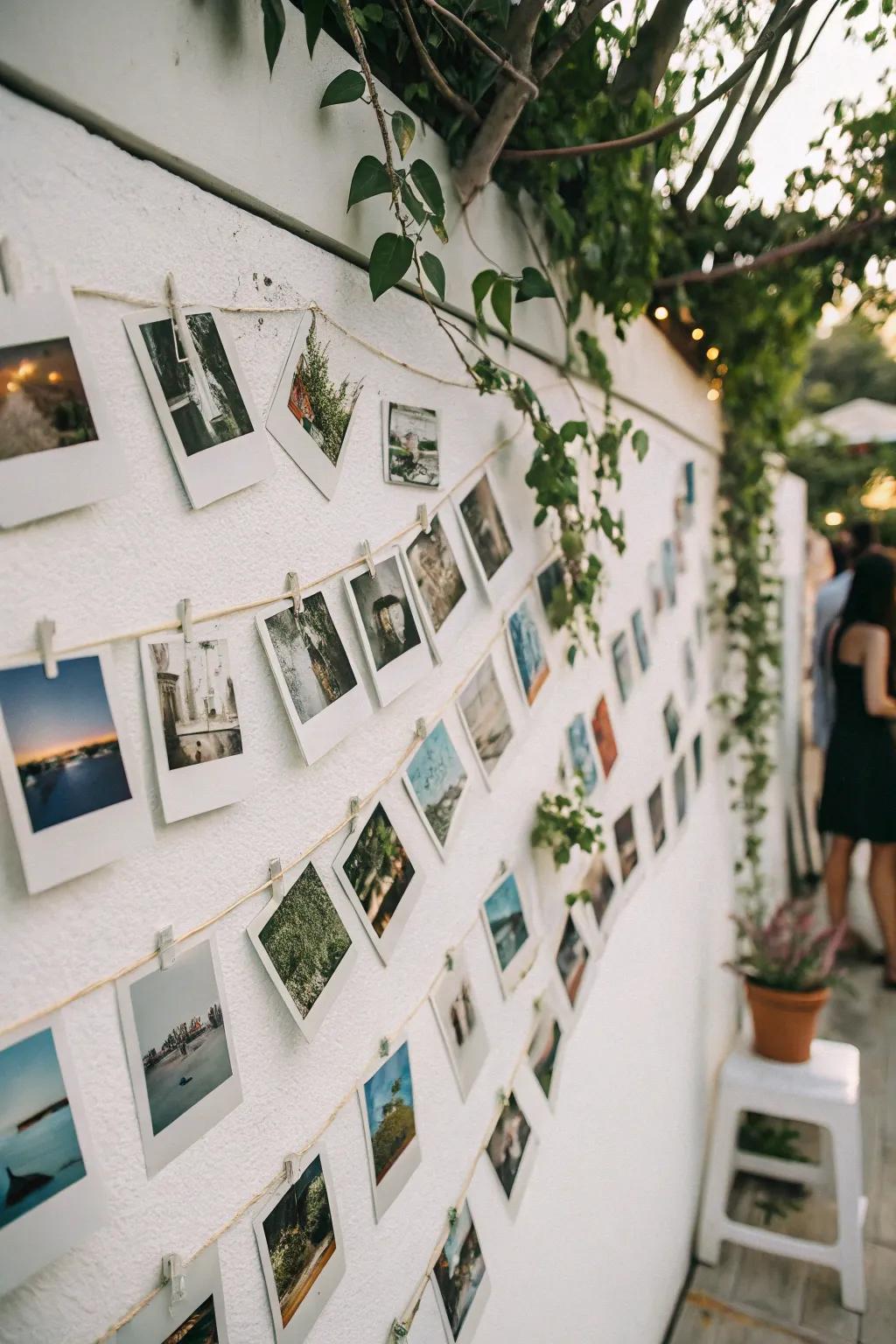 A Polaroid wall introduces a playful and intimate flair.