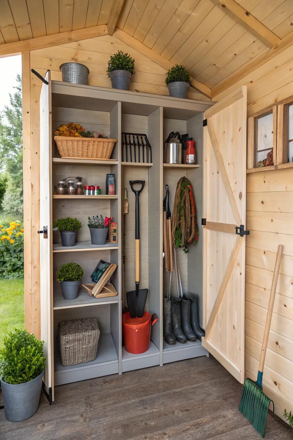 A coordinated storage keeps equipment helpful and garden-prepared.