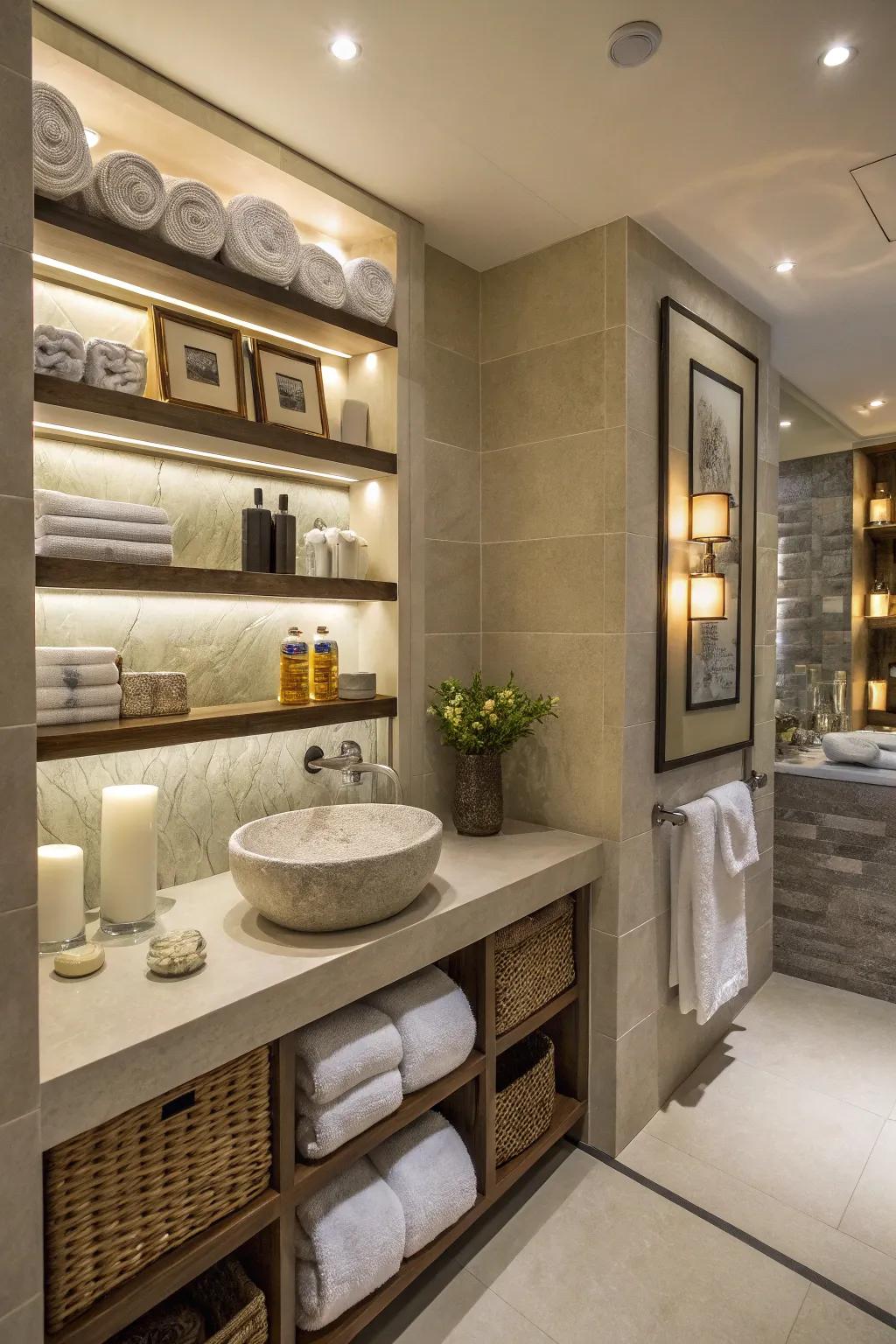 Construct a lavatory setting akin to that of a spa through the meticulous arrangement of in-wall shelving units.