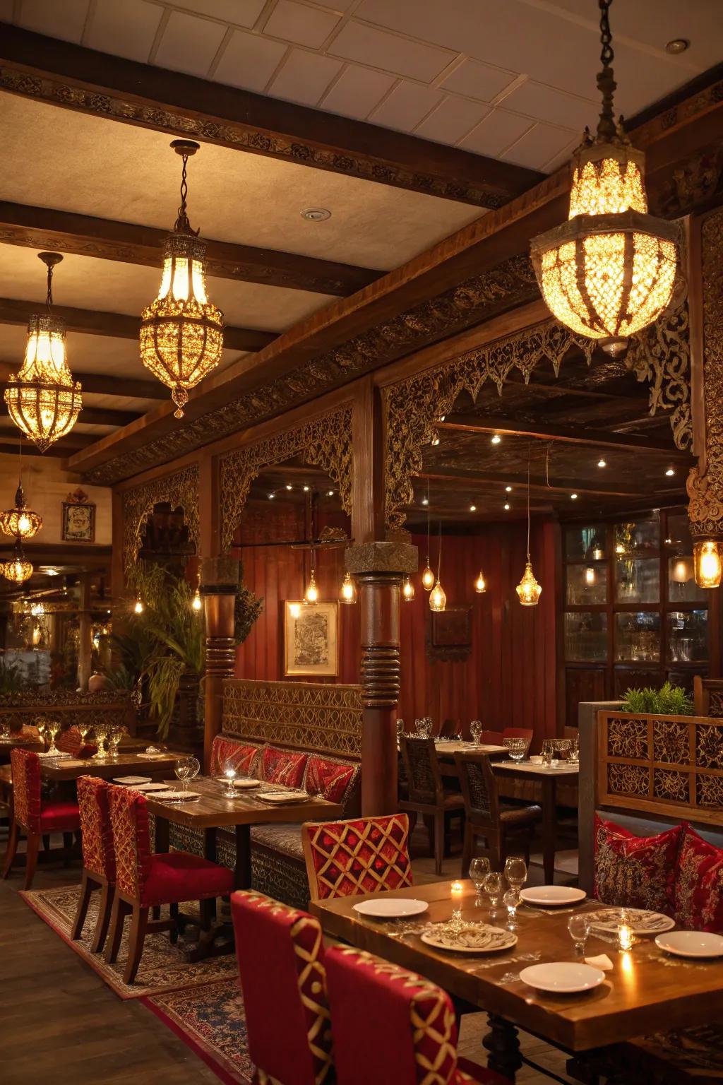 Radiant chandelier and hanging lighting create a warm atmosphere in an Indian restaurant.