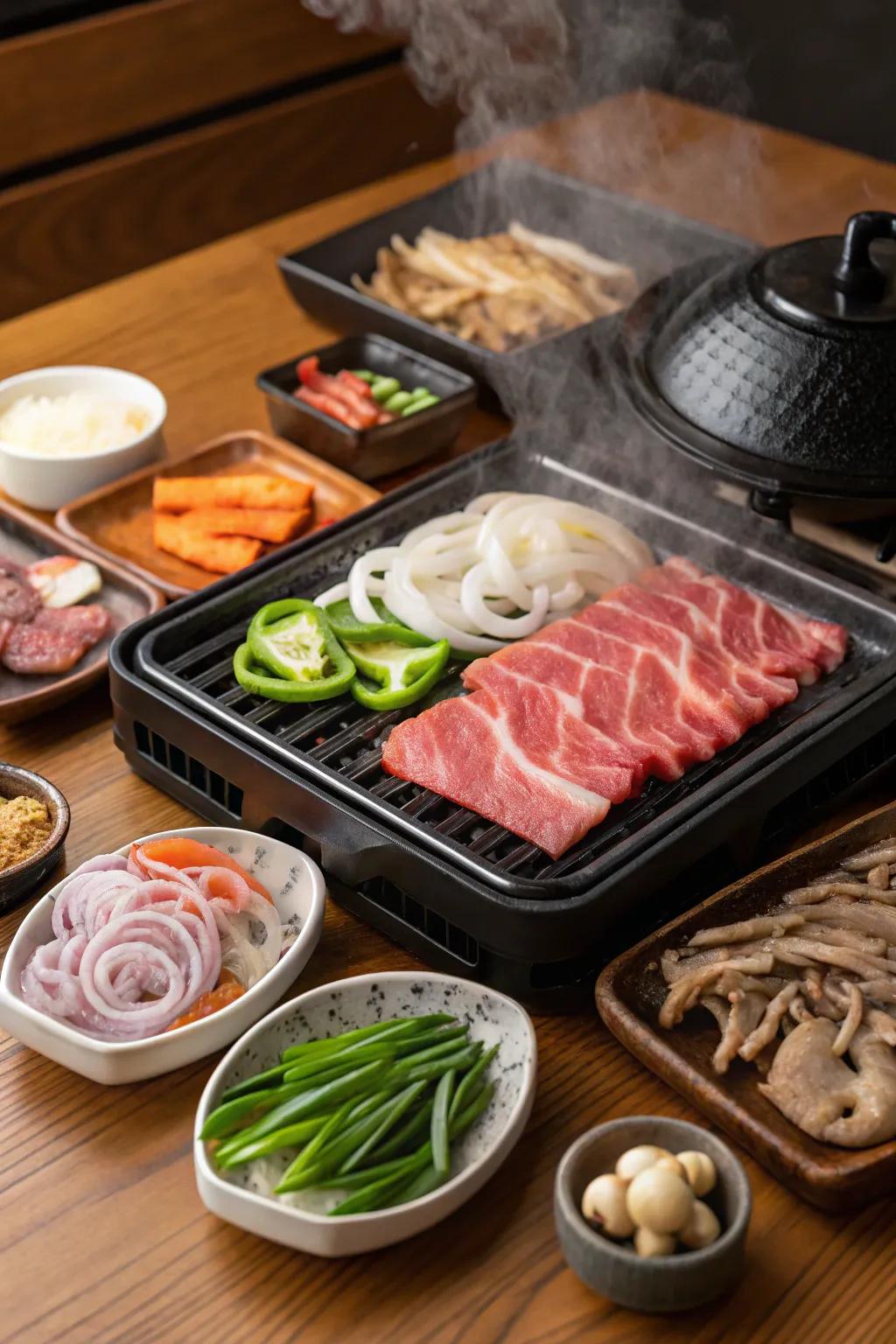 An interactive grilling experience is brought inside with a tabletop Korean BBQ.