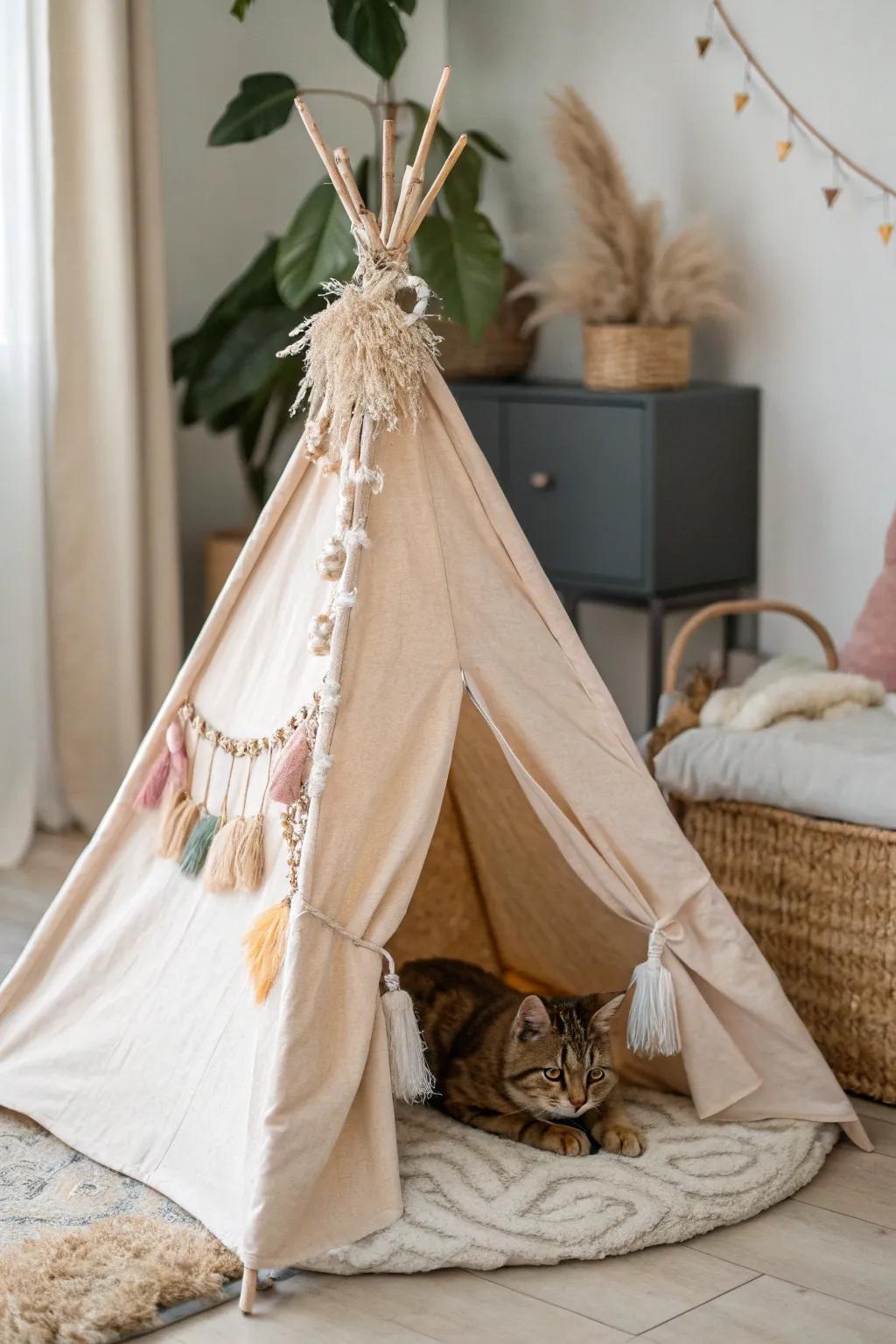 A teepee enclosure providing a cozy sanctuary for your feline.