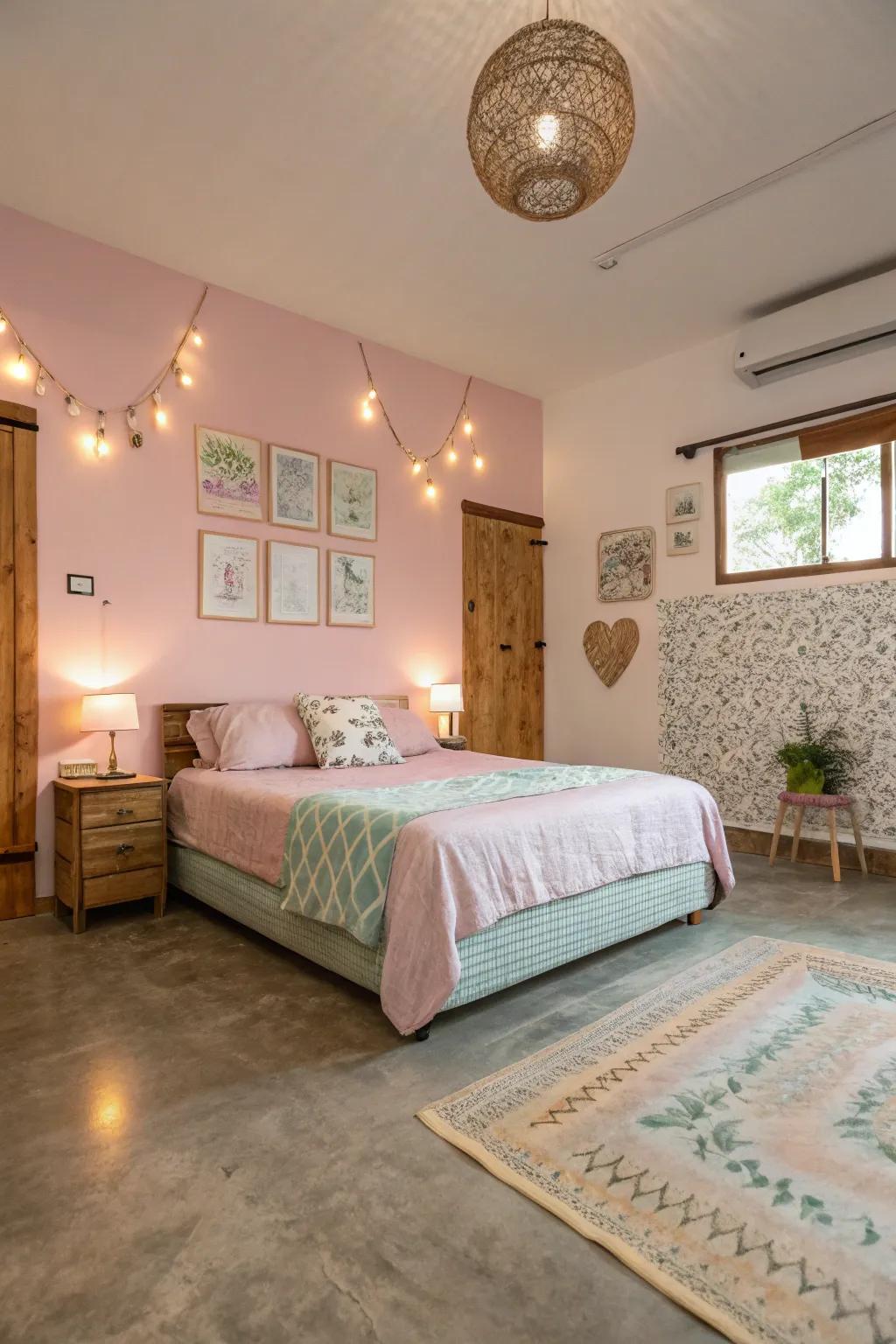 Gentle pastel shades on a concrete floor foster a peaceful ambiance in this inviting bedroom.