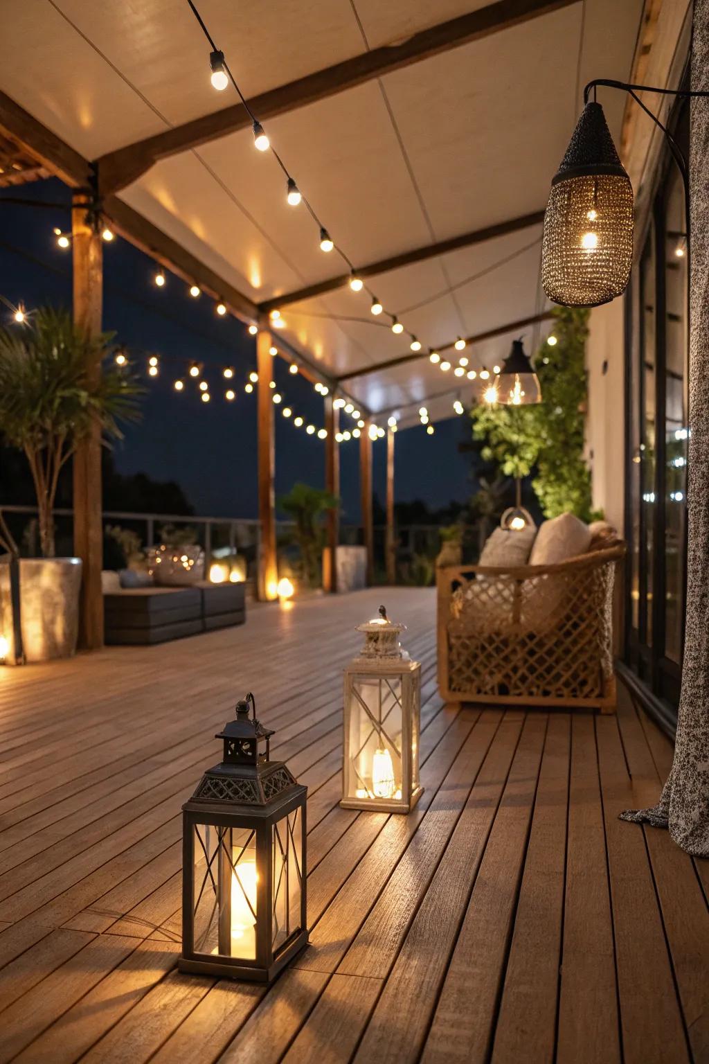 String lights generate an enchanting radiance on this indoor deck.