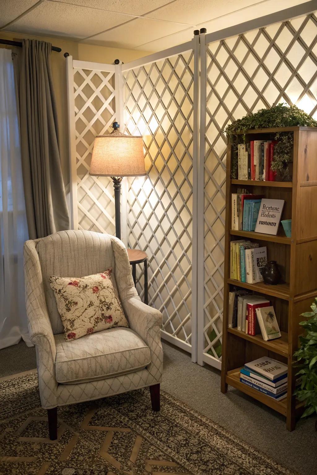 Lattice divider establishing a tranquil and appealing reading sanctuary.