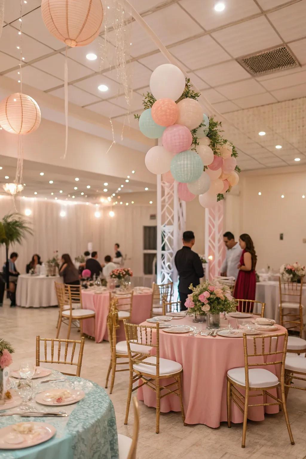 A dreamy internal event featuring subtle ornamentation and table arrangements.