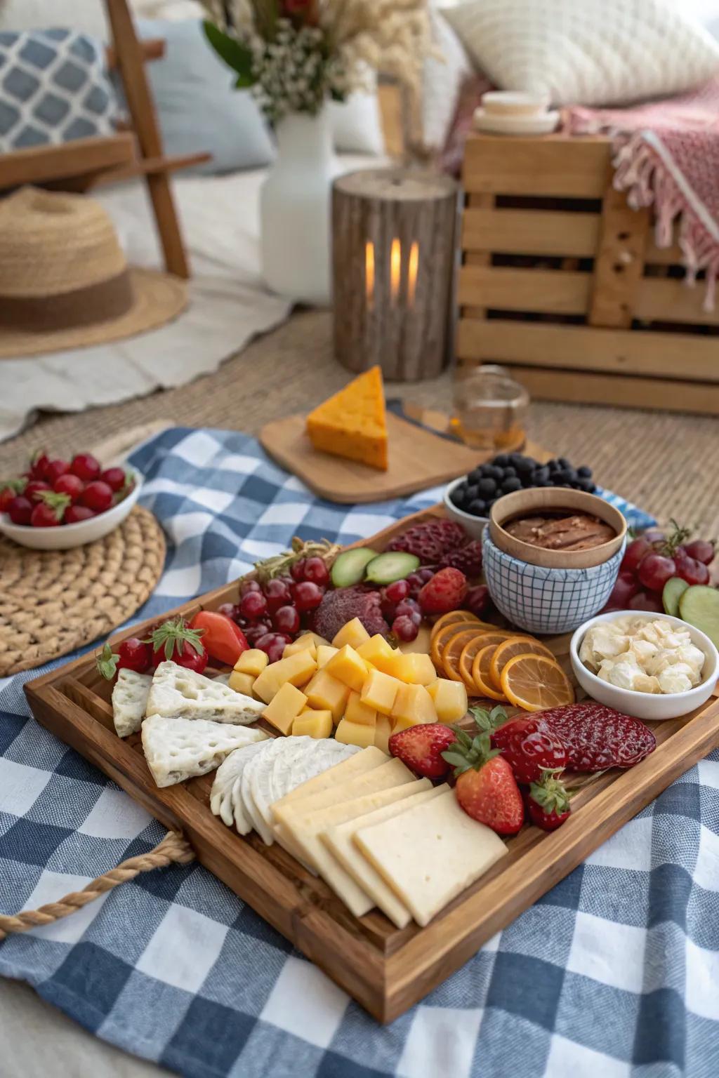 A stunning cured meats plank as the centerpiece of an inside picnic.
