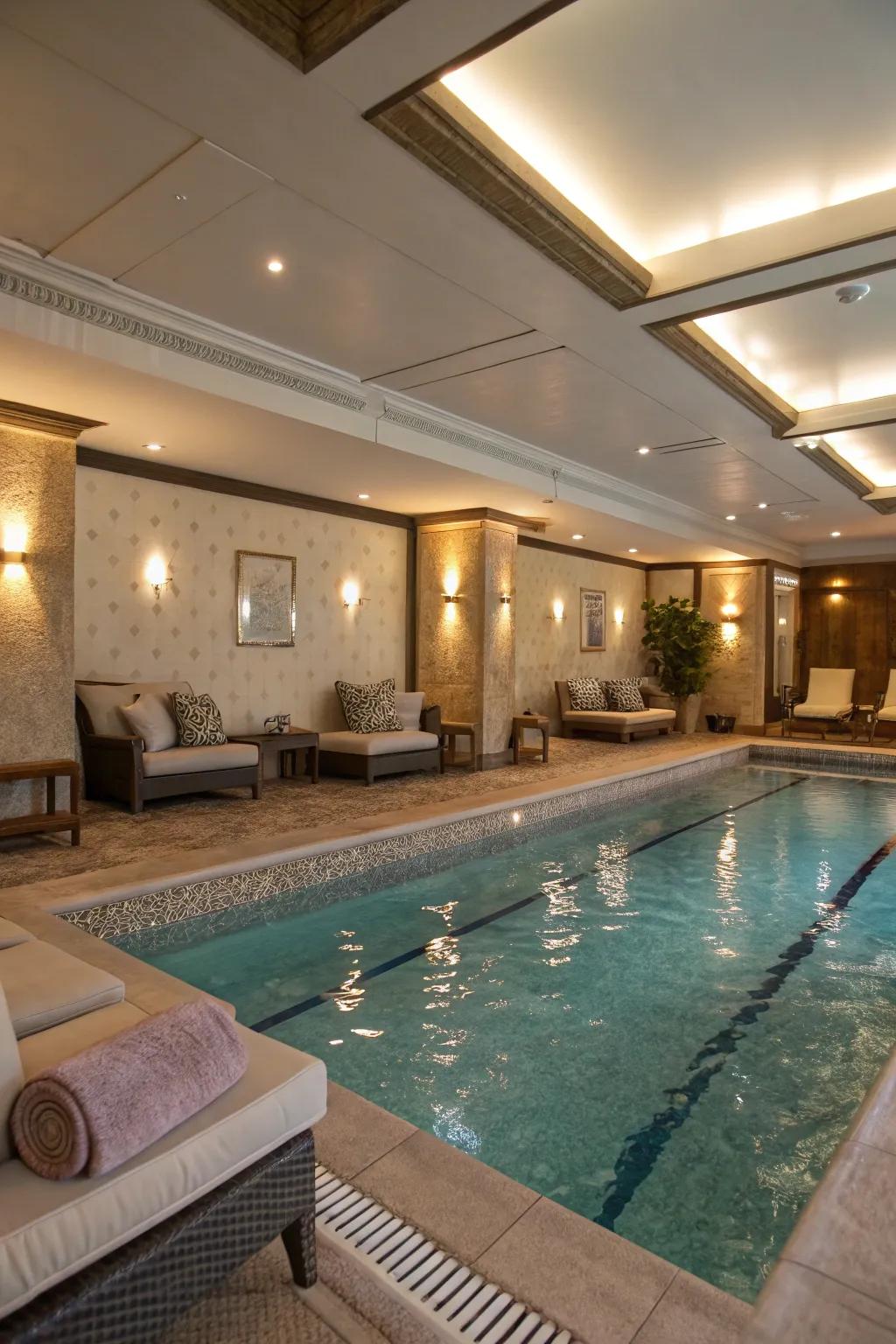 A welcoming lounge space adjacent to an indoor pool