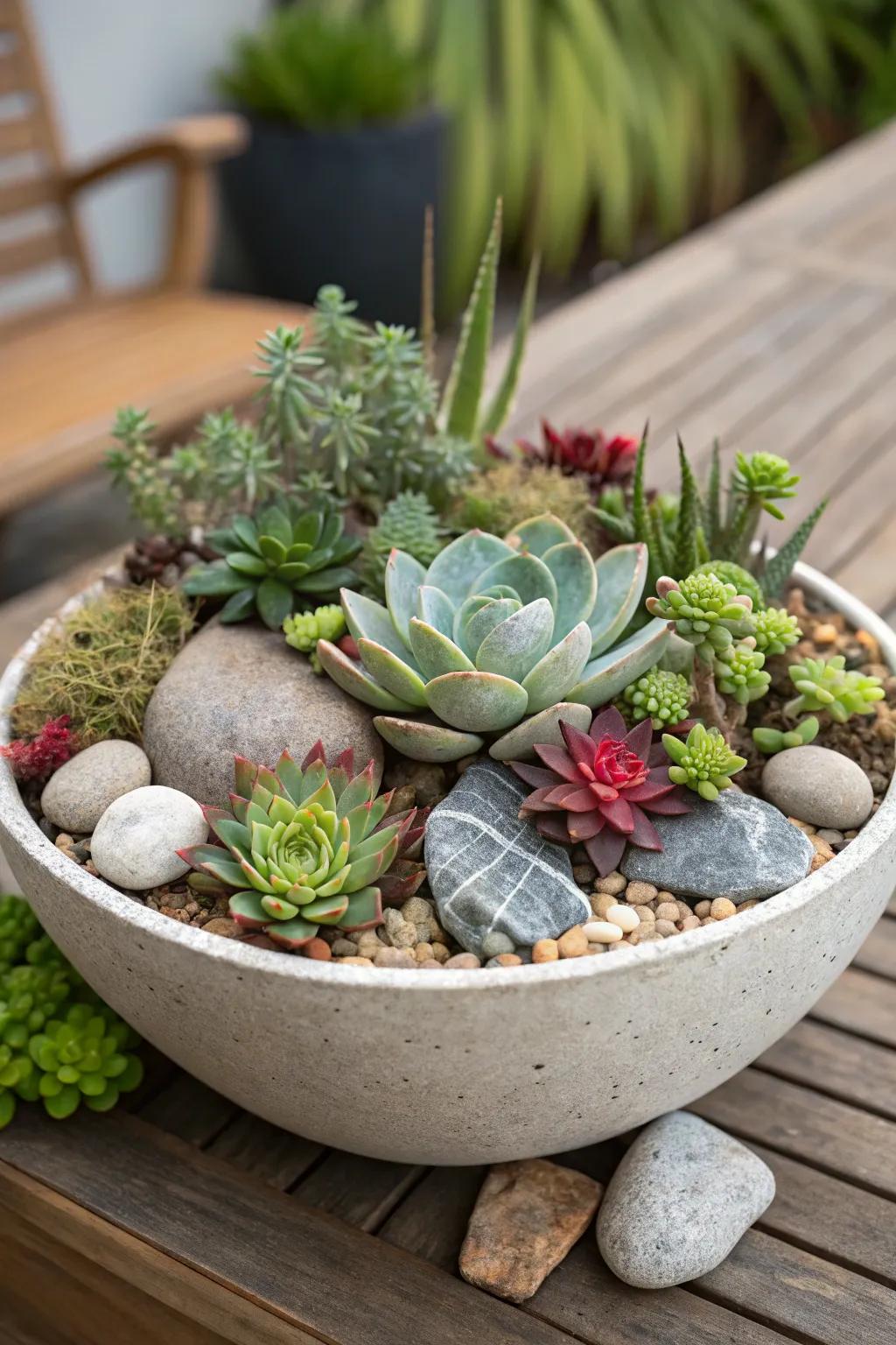 A succulent centerpiece serves as an attention-grabbing adornment.