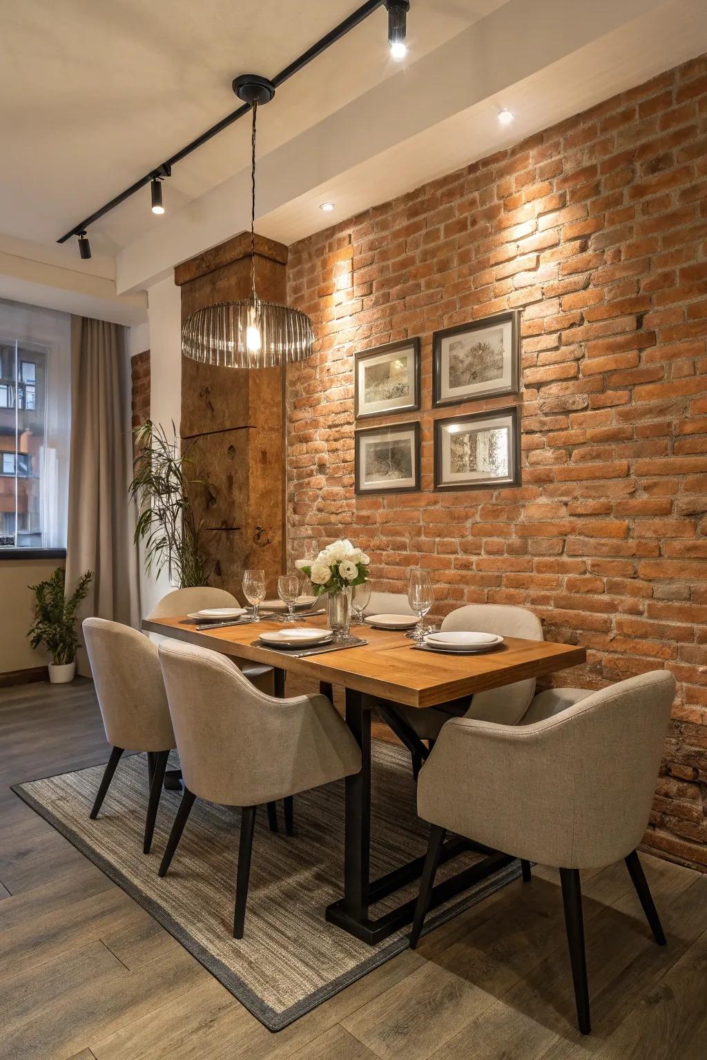 An alluring dining space with a brick wall backdrop, adding refinement and warmth to meal times.