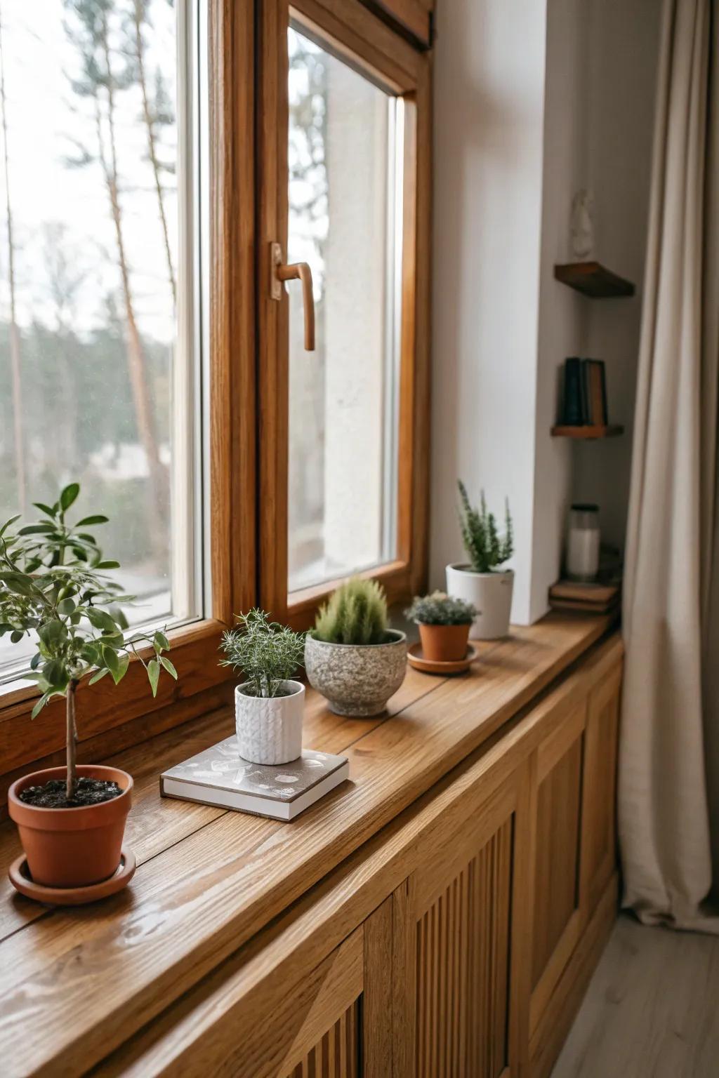 A window ledge adorned with native timber border, synchronized with the chamber's timber-centric decor.