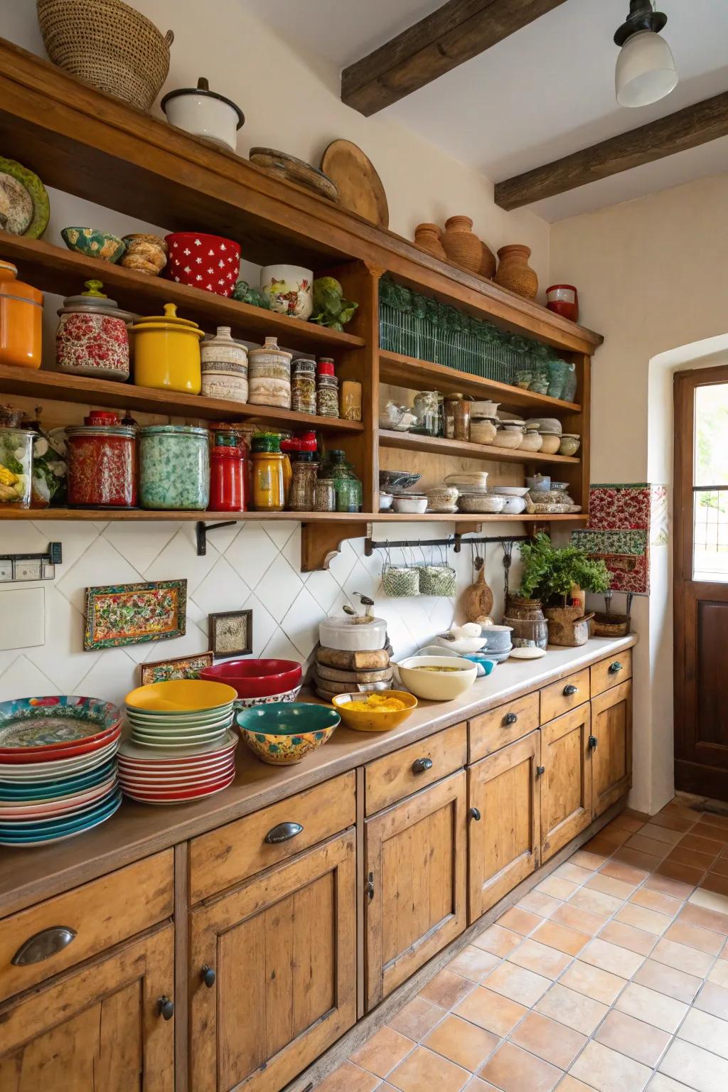 Open shelving displays pottery and includes an individual touch.