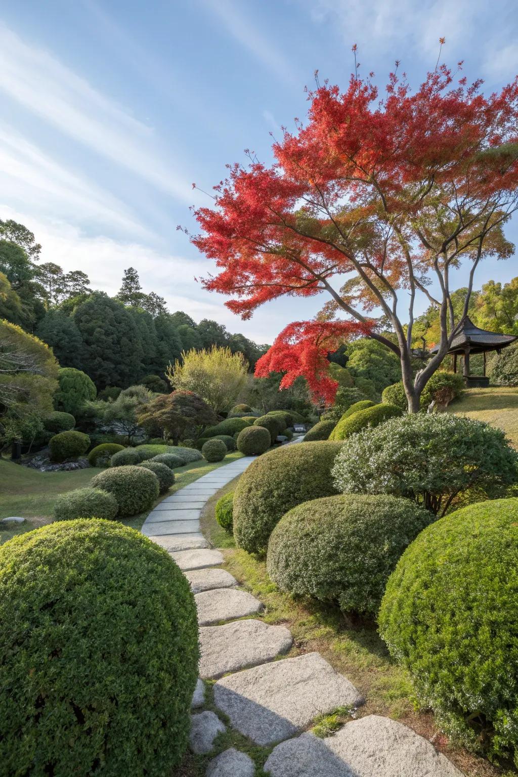Lush vegetation and a vibrant maple flora in a Japanese garden.