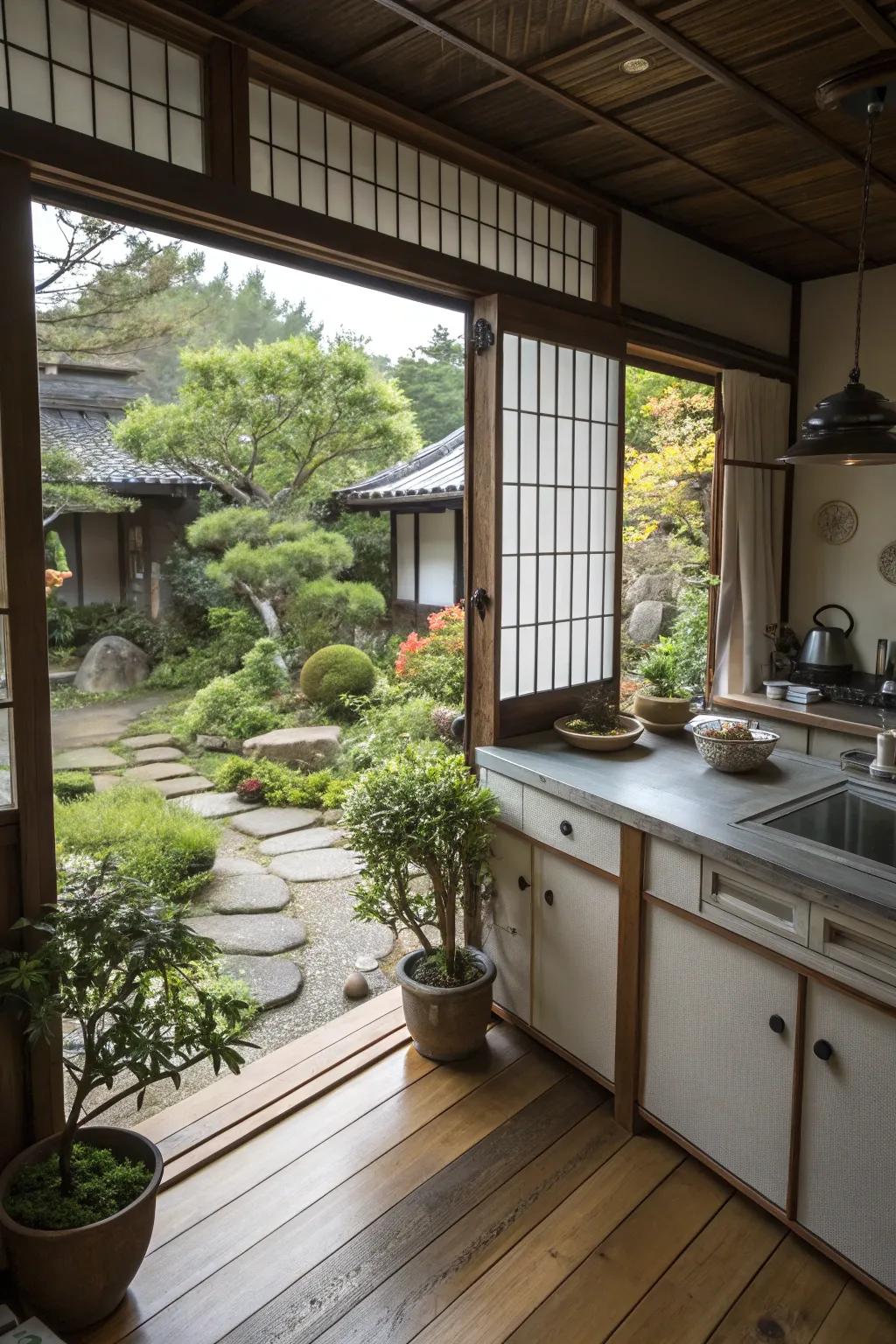 Nature integration enlivens this Japanese kitchen.
