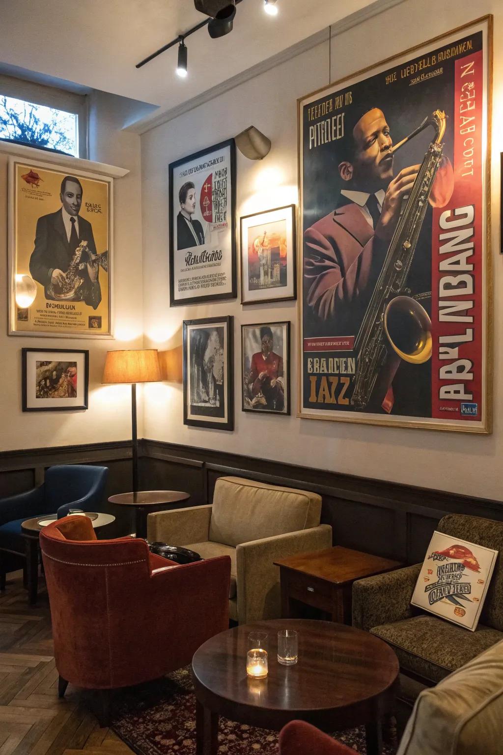 Vintage promotional prints are a nostalgic gesture to jazz icons.
