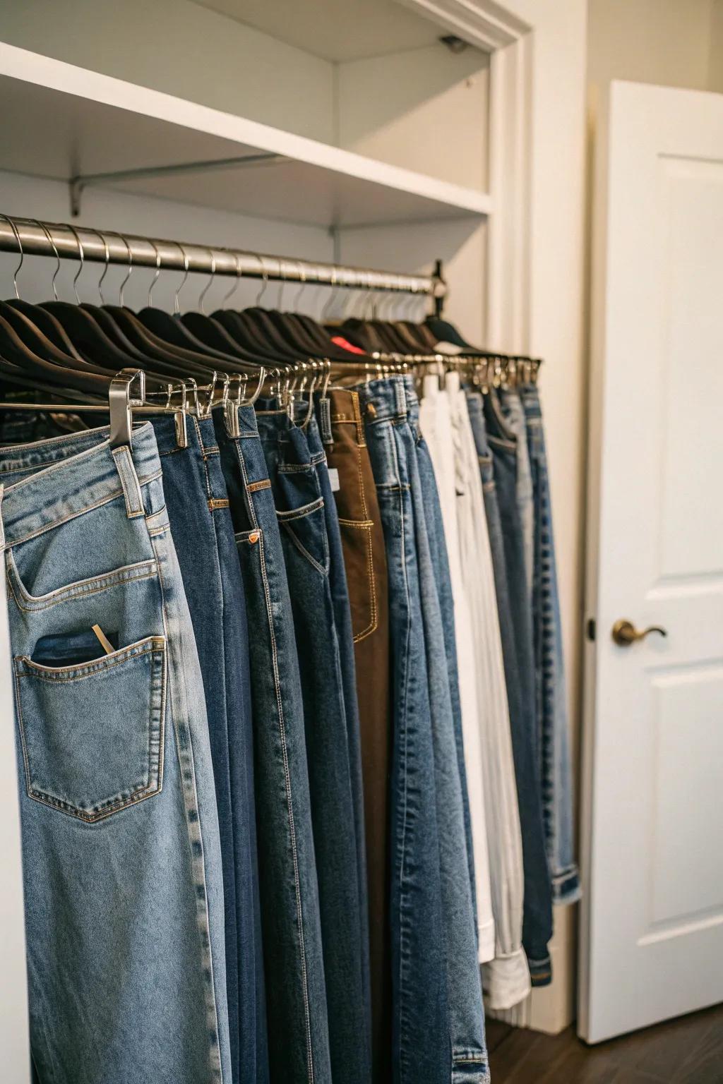 Clip hangers offer a method of wrinkle-free jeans storage.