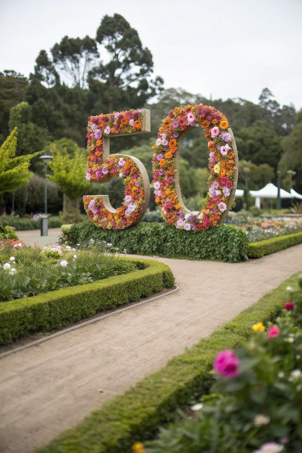 Large decorative numerals '50' fashioned from flowers.