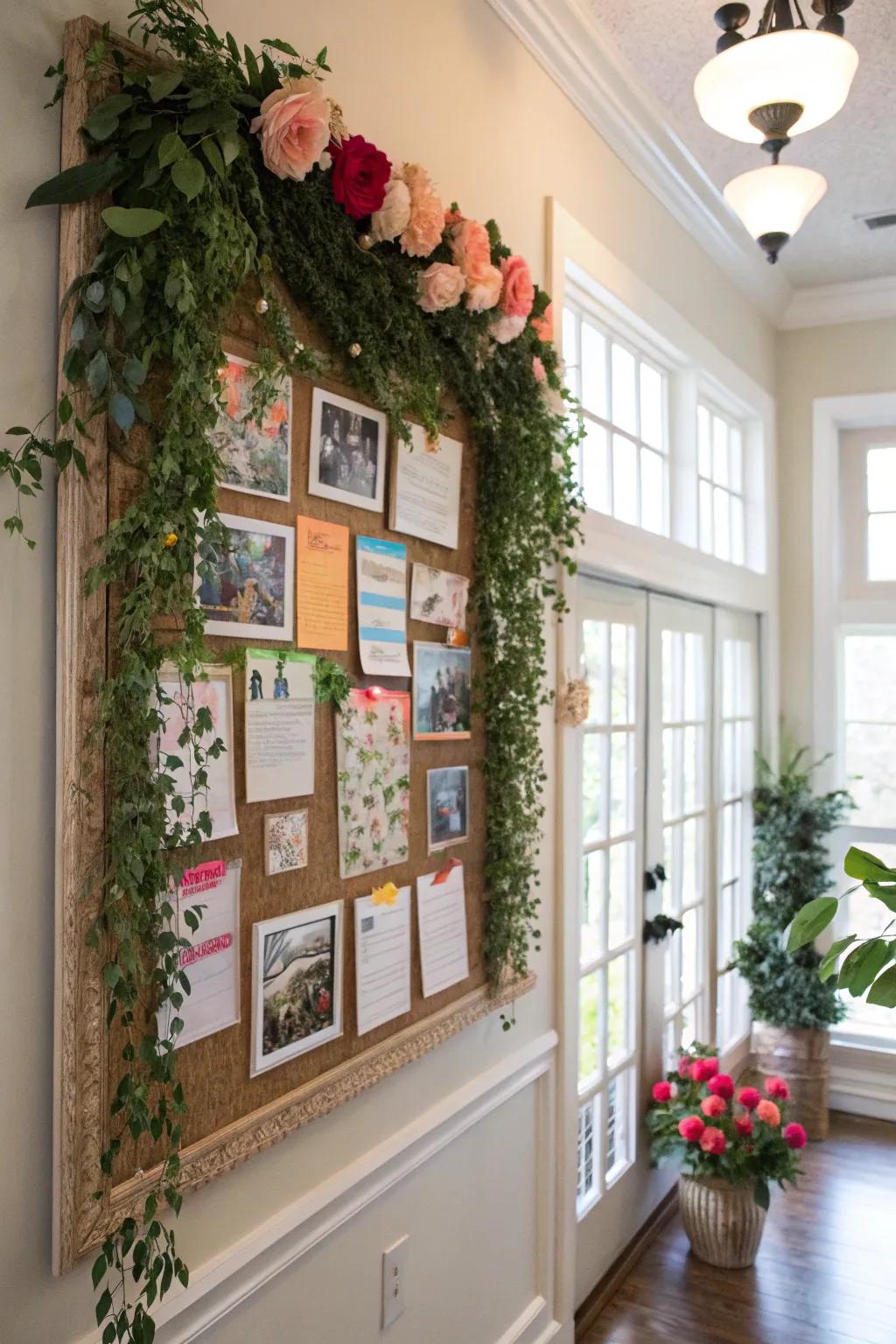 A bulletin board honoring nature with leafy and floral components.