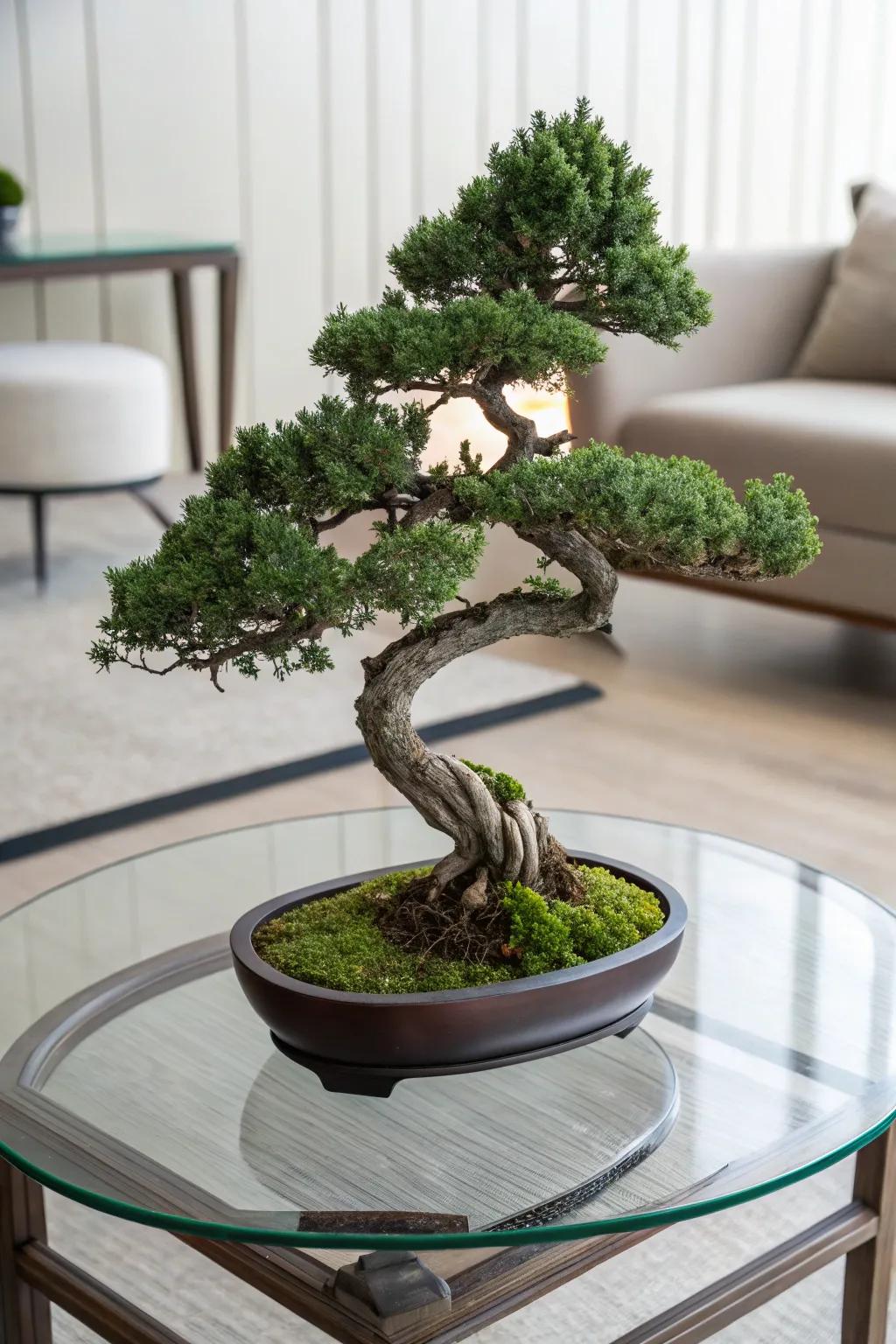 A partial descent juniper bonsai imparting sophistication to an elegant, see-through surface.