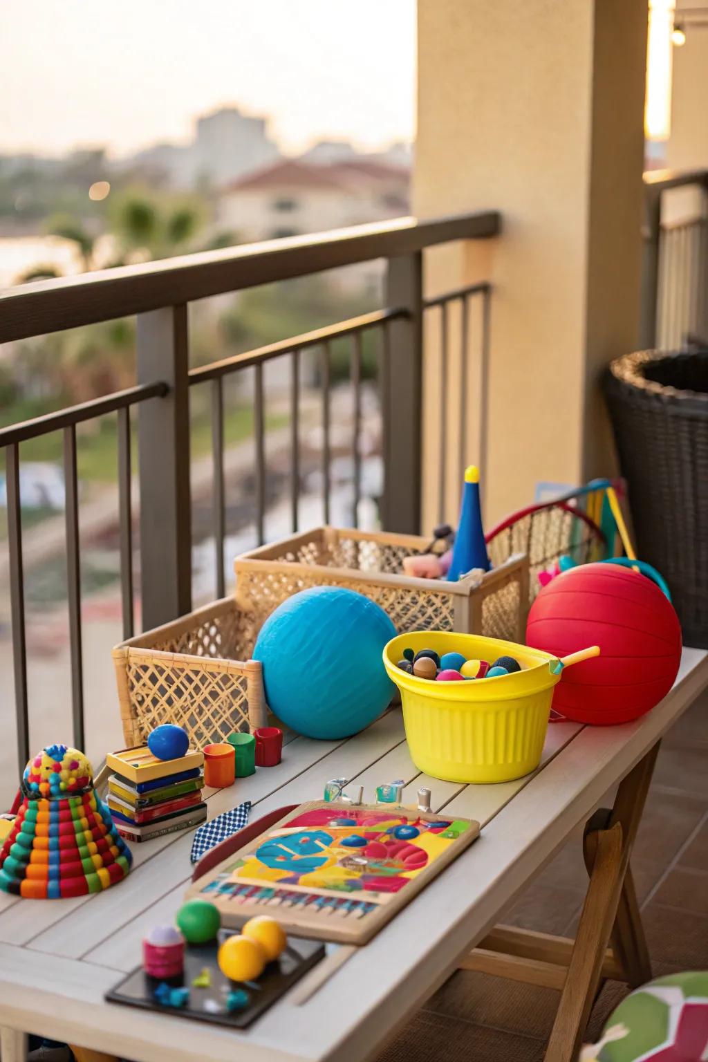 Outdoor games change the balcony into an exciting play area.