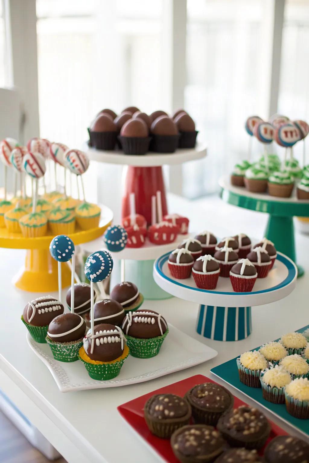 A confection display presenting football-themed sugary delicacies.