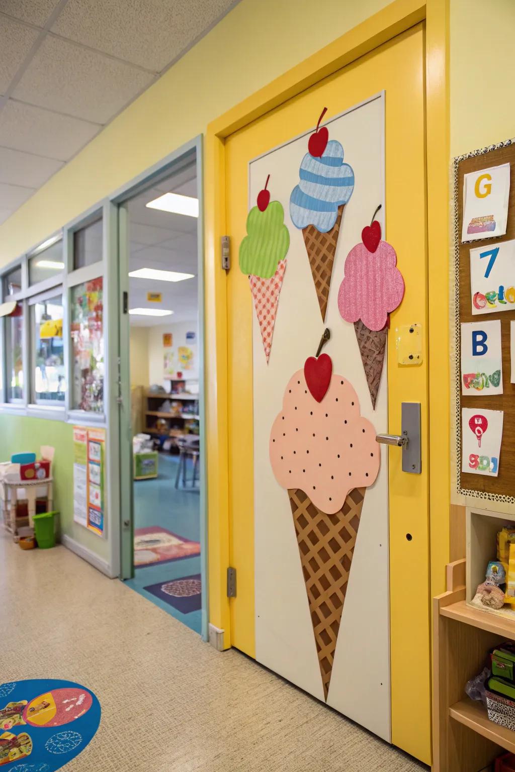 A kindergarten portal adorned with playful frozen confection schematics.