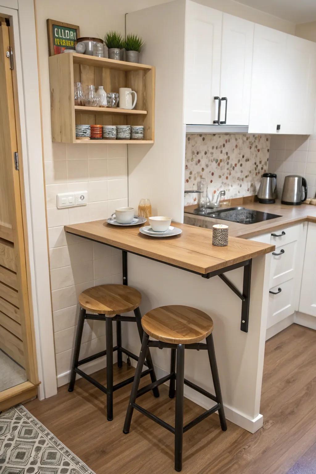 A fold-down table provides flexibility in a small kitchen.