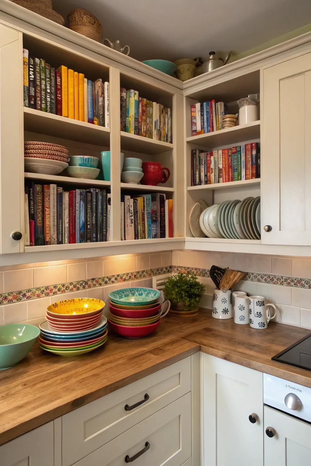 Angled cabinets contribute both style and utility to kitchen corners.