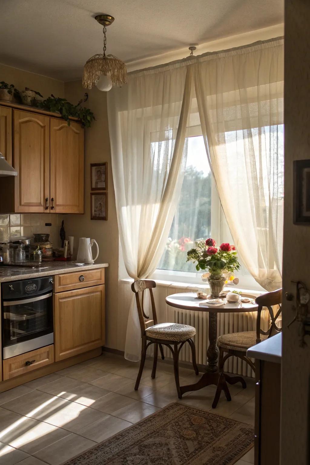 Translucent window dressings establish an open and airy kitchen setting.