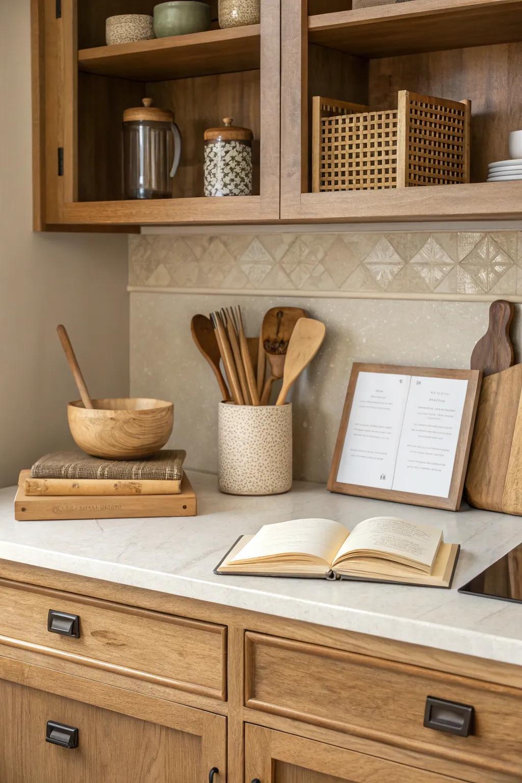 A kitchen desk area featuring a neutral color scheme that complements the overall kitchen design.