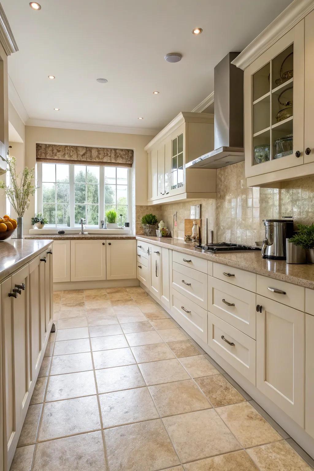 Impart warmth via nature-inspired beige tiles.