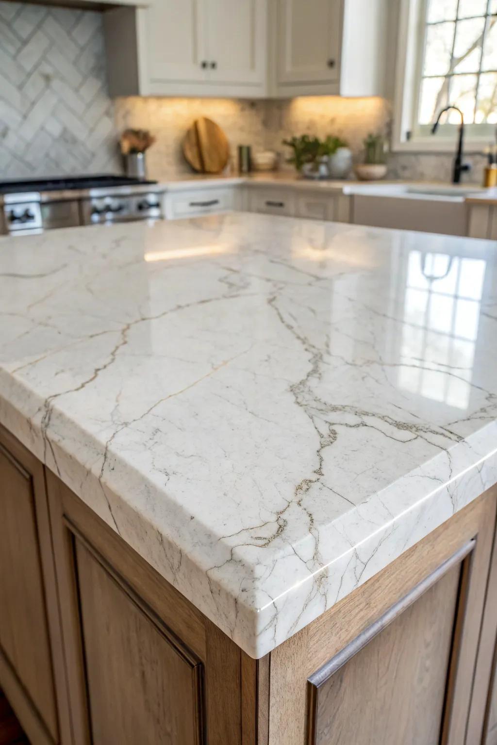 Refined marble elevates the kitchen island with luxury.