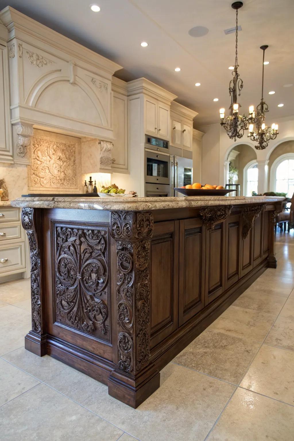 An elegant kitchen island presenting detailed molding for an opulent presence.