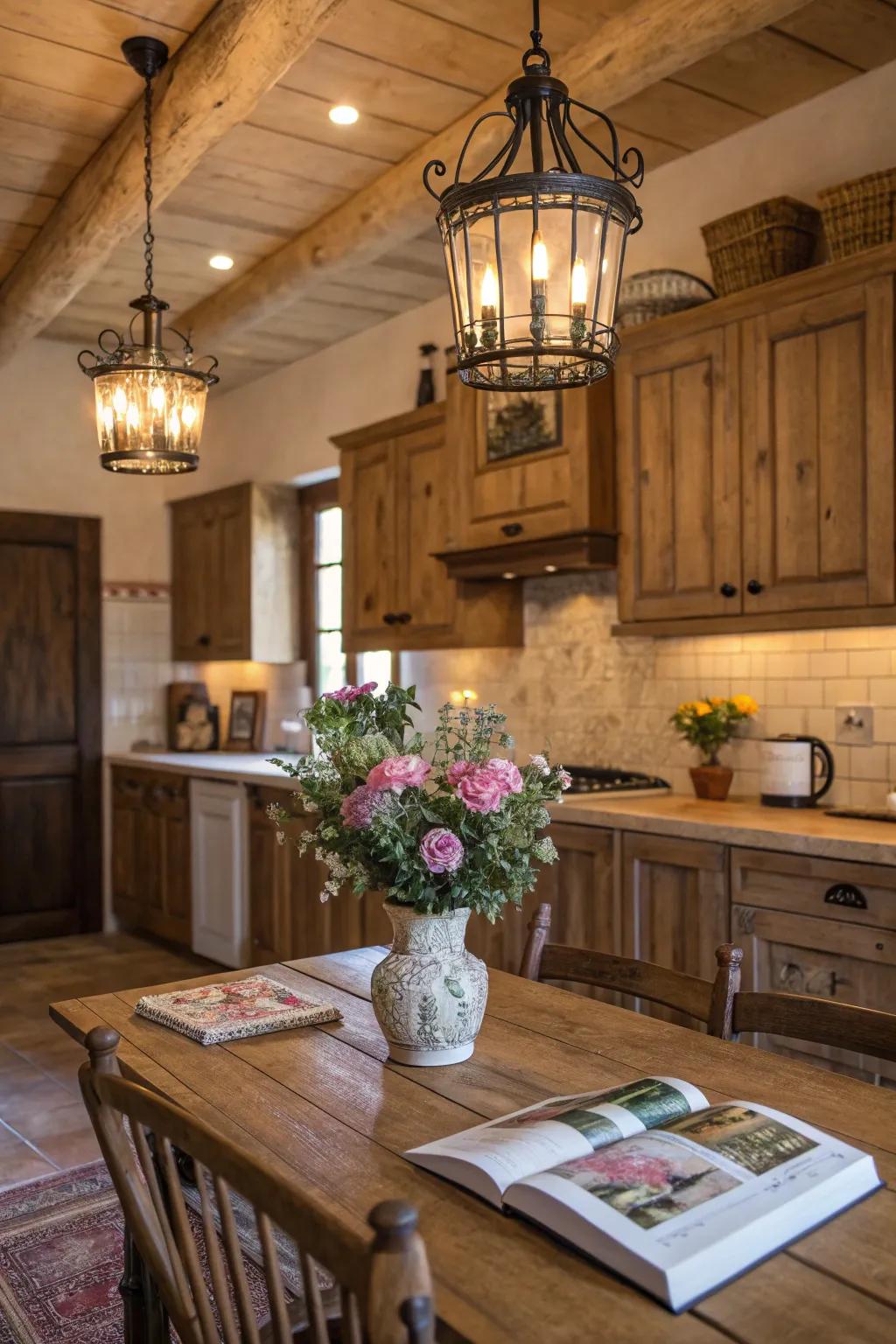 Wooden fixtures infuse rustic charm into this inviting pastoral culinary space.