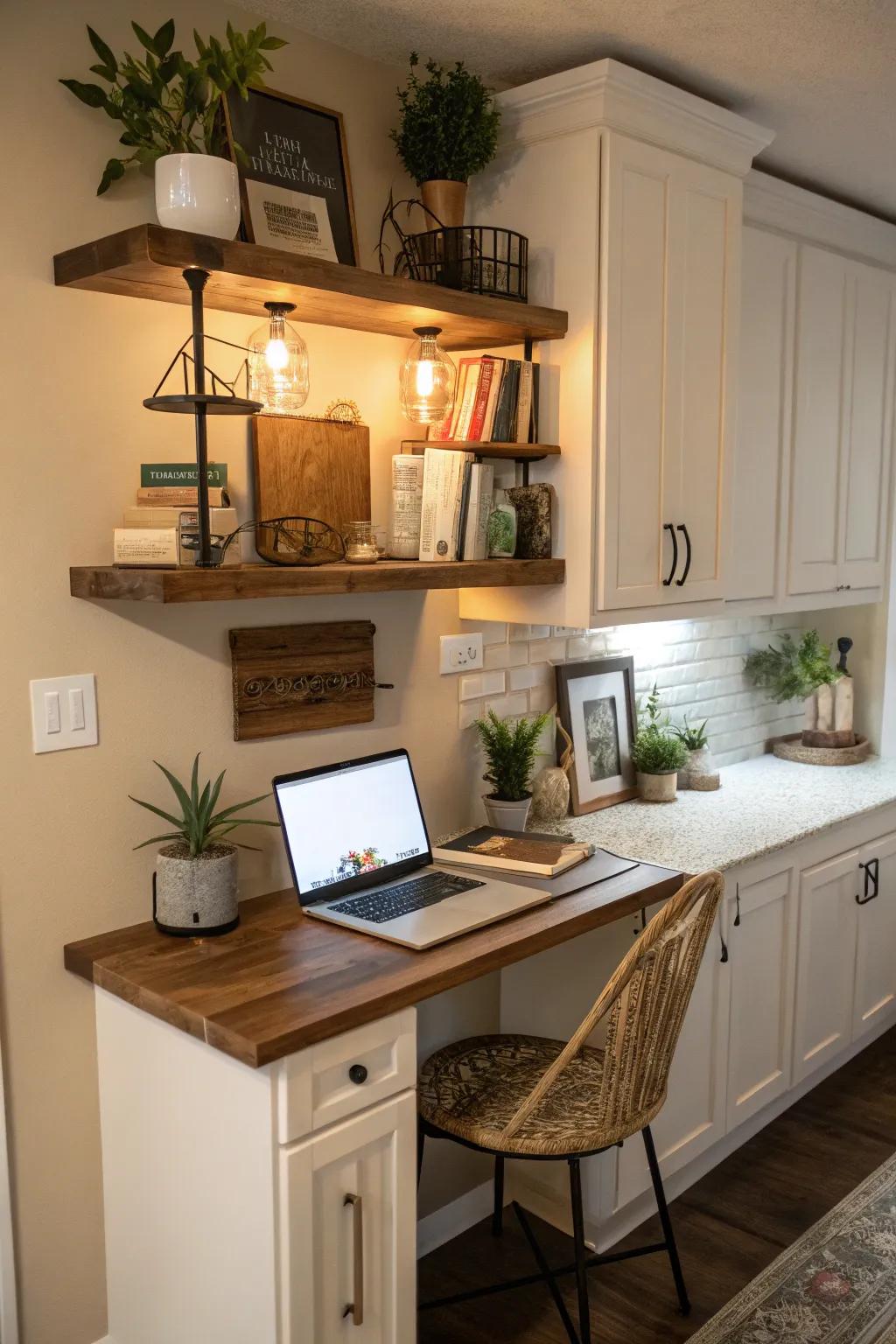 An understated and practical wall shelf workspace in the kitchen.