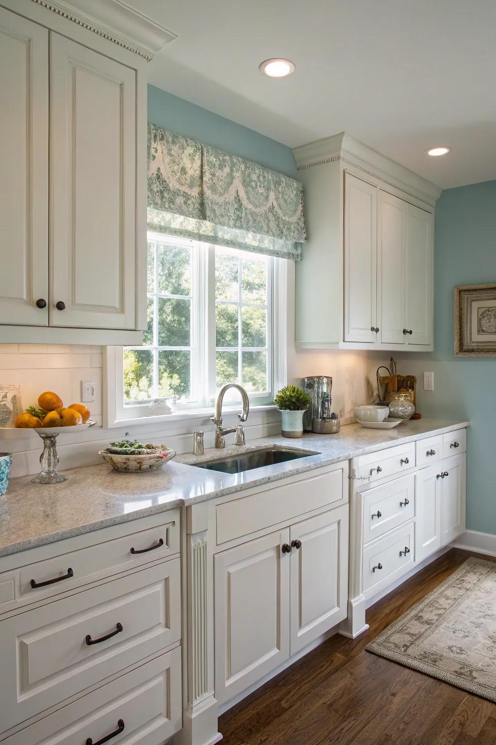 Light azure walls sustain a fresh and welcoming kitchen atmosphere.